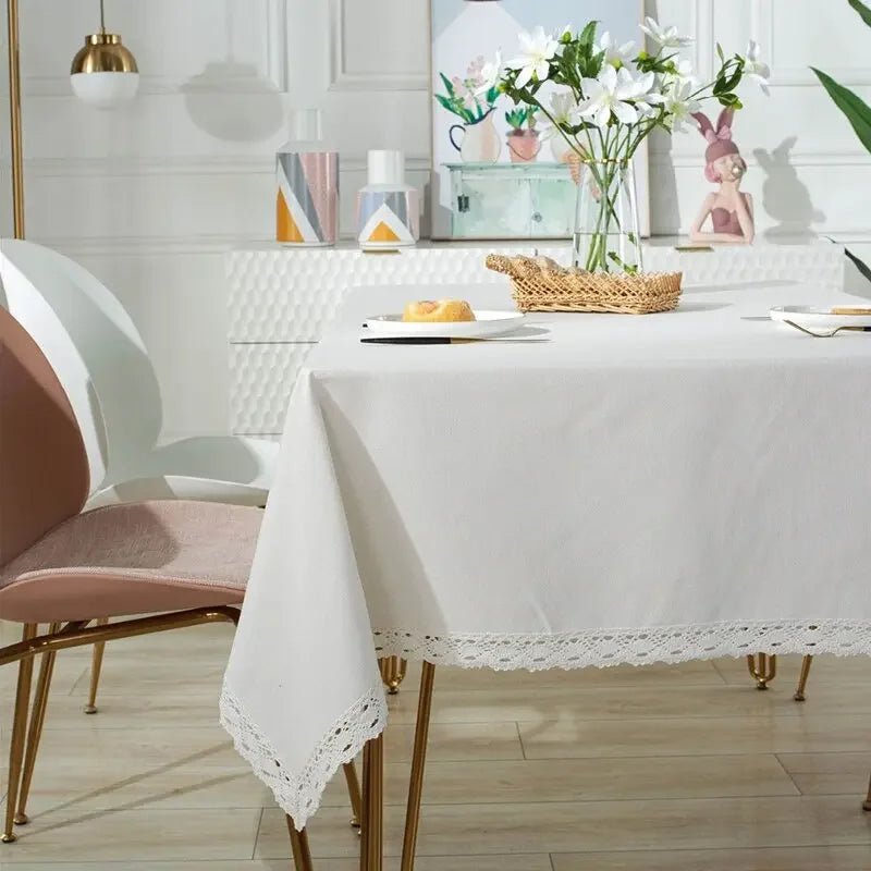 Qfdian Classic White Lace Tablecloths Rectangle Dust-Proof Table Covers for Living Room Kitchen Dinner Picnic Tabletop Home Decorations