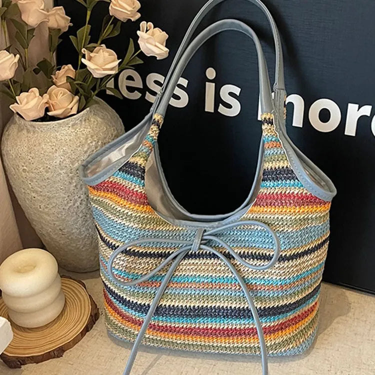 Qfdian Large capacity simple casual armpit bag, fashionable woven bag, beach shoulder bag