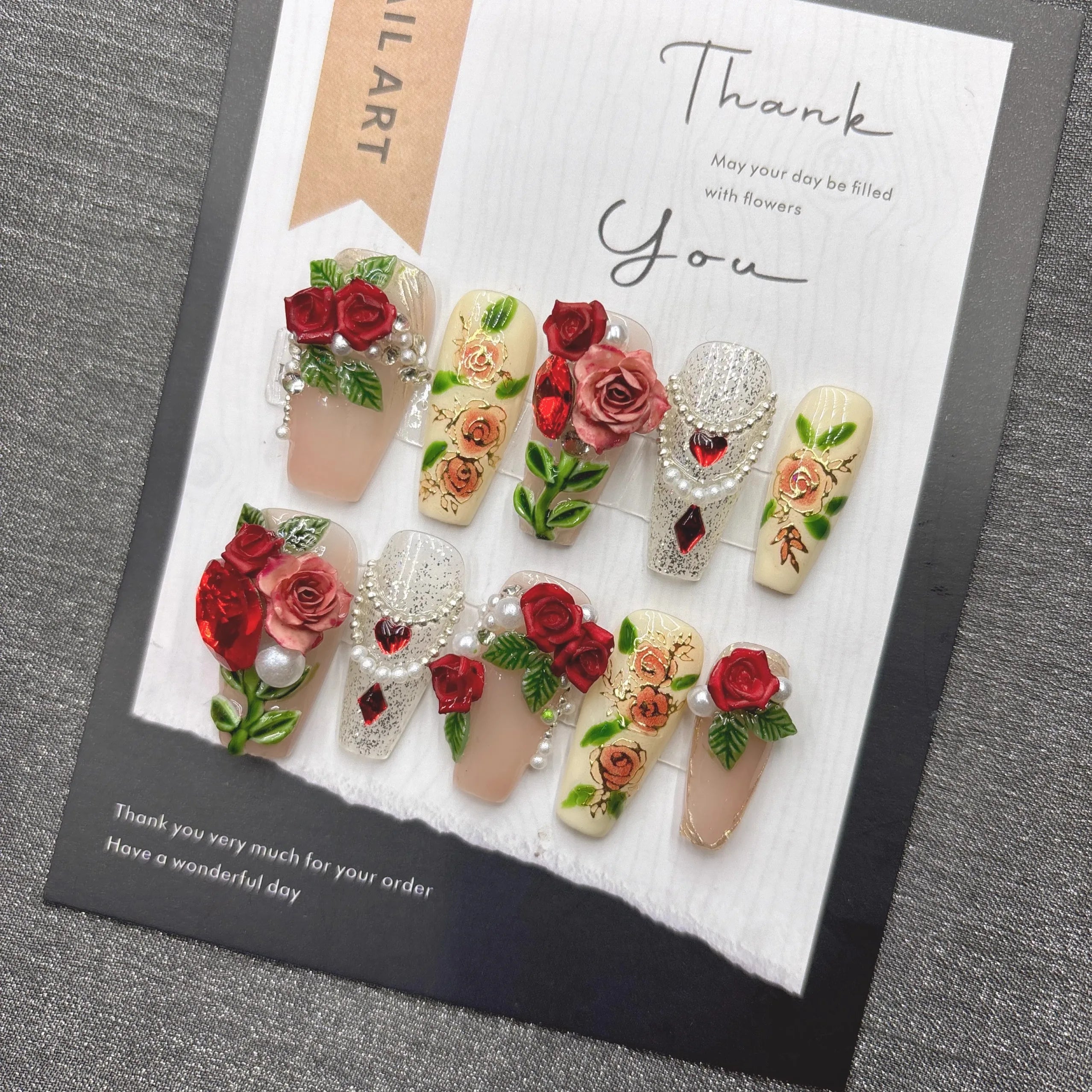 Qfdian Elegant Floral Pearl Press on Nails with Rhinestones False Nails for Wedding Party Date Romantic Glamorous Acrylic Nails for Wom