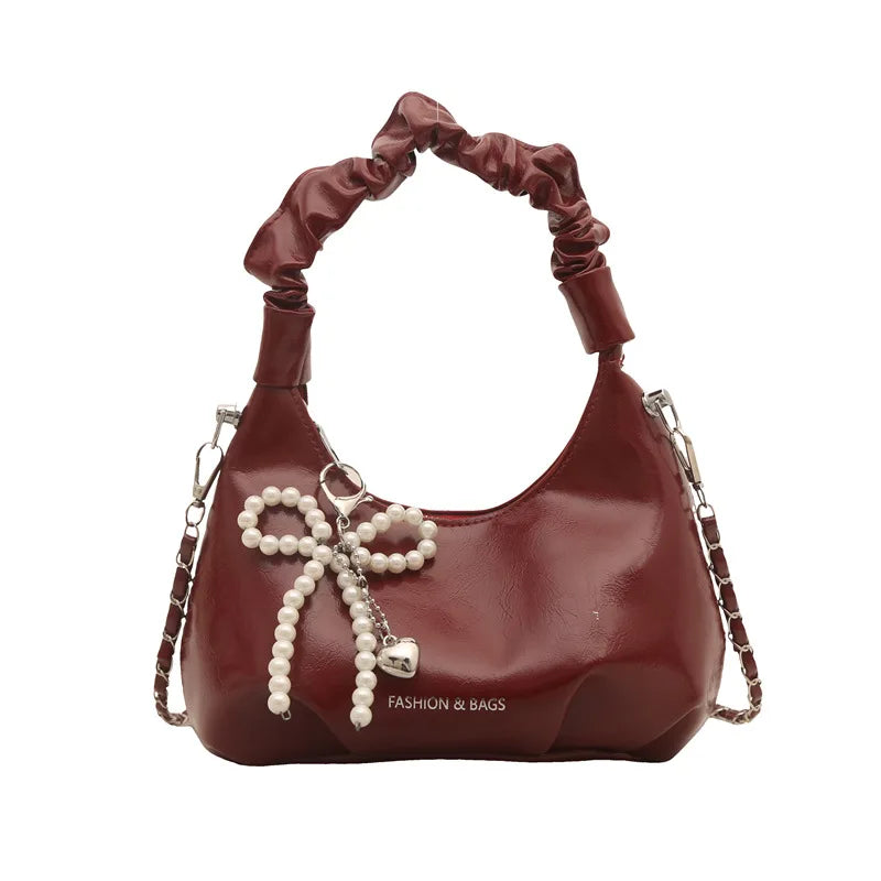 Qfdian Fashionable pleated handbag for women, Bow tie pendant ,fashionable shoulder bag, simple and stylish crossbody bag, chain trend