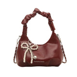 Qfdian Fashionable pleated handbag for women, Bow tie pendant ,fashionable shoulder bag, simple and stylish crossbody bag, chain trend
