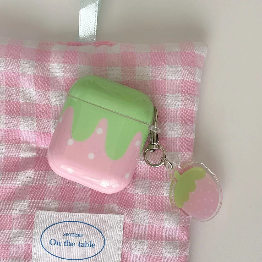 Qfdian Korea Lovely Fresh Strawberry Pattern Silicone Earphone Case for AirPods 2 3 4 Pro 2nd Generation Protective Cover Cute Pendant