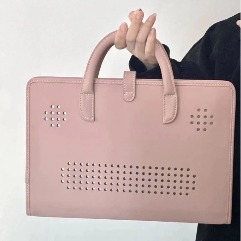 Qfdian Pink Girls Casual All Match Simple Top-Handle Bags Korean Solid Trendy Chic Laptop Bag Sweet Y2k Fashion Travel Women's Handbags