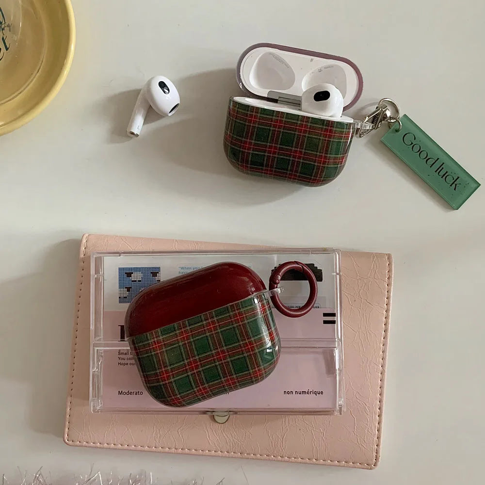 Qfdian Retro Style Grid Pattern Gloss Soft Cover Case for AirPods 4/3/2/1 Pro 2 Wireless Bluetooth Earphone Shell Good Lucky Pendant