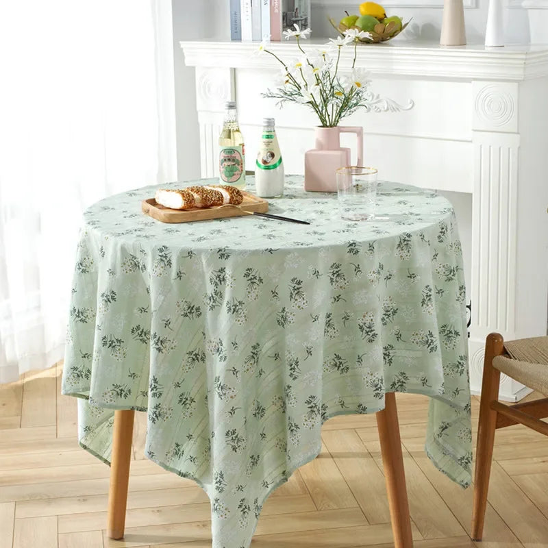 Qfdian Green Flower Table Cloths Round Printed Cotton Farmhouse Table Covers for Kitchen Living Room Dining Washable Picnic Decorations