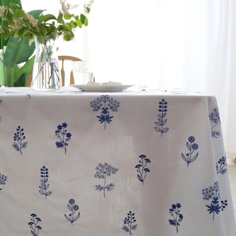 Qfdian Cotton Ruffle Tablecloth Rectangular Farmhouse Embroidery Floral Blue Table Covers for Kitchen Living Room Outdoor Wedding Decor