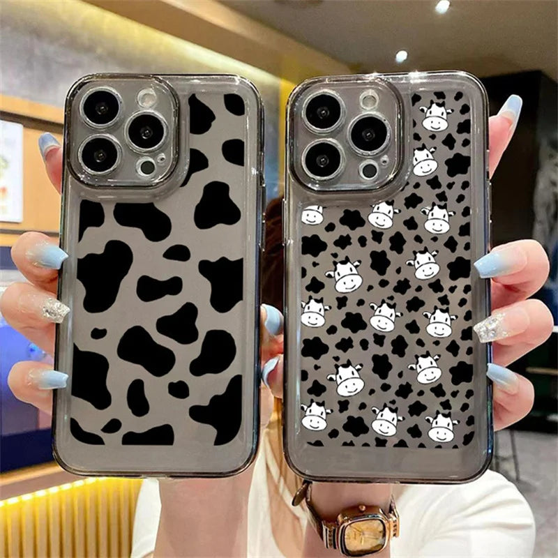 Qfdian Phone Case For iPhone 15 13 14 Pro Max 11 12 Pro Mini 7 8 Plus XR X XS Max SE 2022 Black Cow Print Clear TPU Shockproof Cover