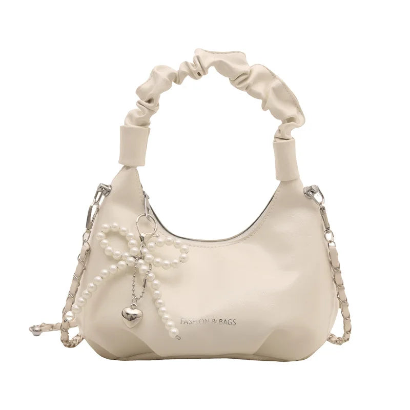 Qfdian Fashionable pleated handbag for women, Bow tie pendant ,fashionable shoulder bag, simple and stylish crossbody bag, chain trend