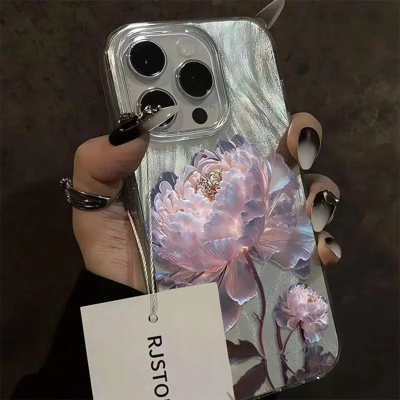 Qfdian Pink Peony Lotus Print Phone Case for IPhone 16 15 14 13 12 11 Pro Max 15 Pro XS XR 7 8 Plus 16e Shockproof Silver Plated Cover
