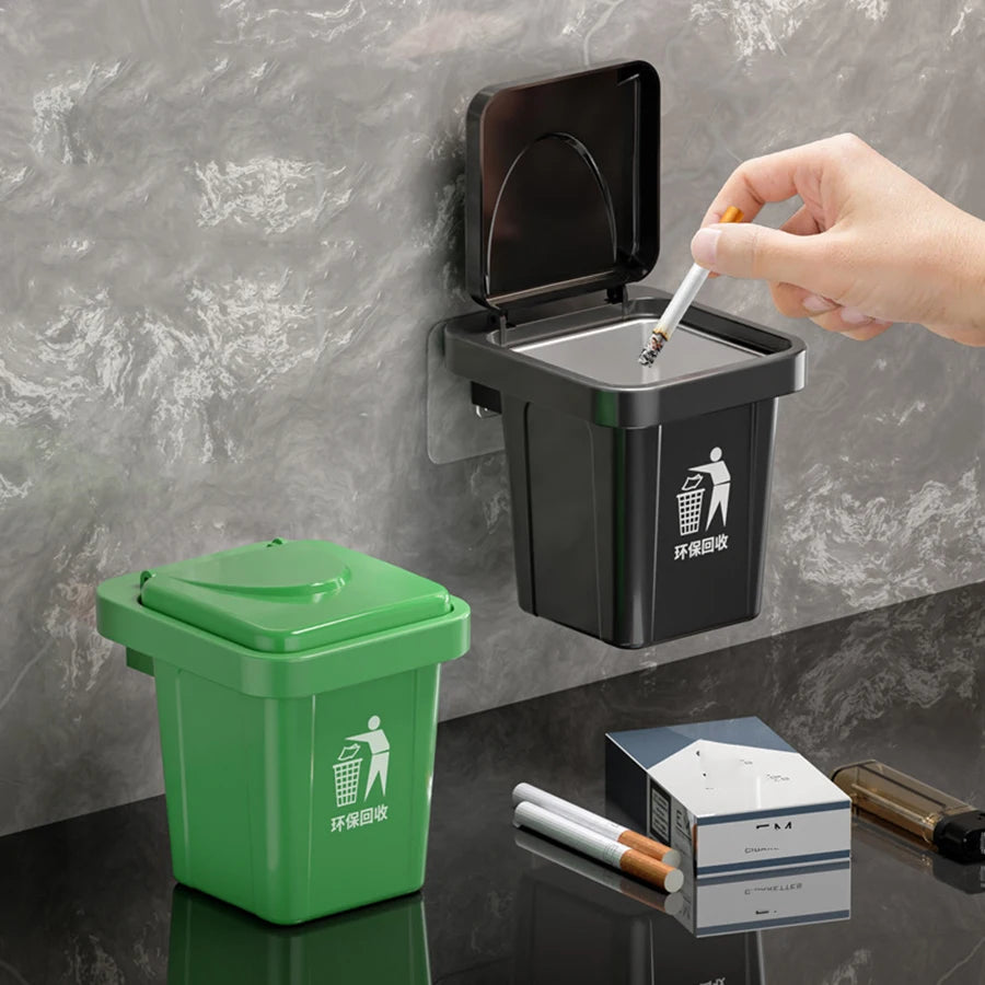 Qfdian Trash can ashtray with lid, stainless steel ashtray, bathroom wall hanging, notch anti-fly ash ashtray