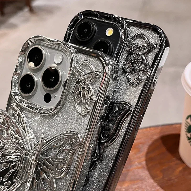 Qfdian Glitter Butterfly Gradient Stand Case for iPhone 15 16 14 12 13 Pro Max 14Pro Bracket Transparent Plating Soft Silicone Cover