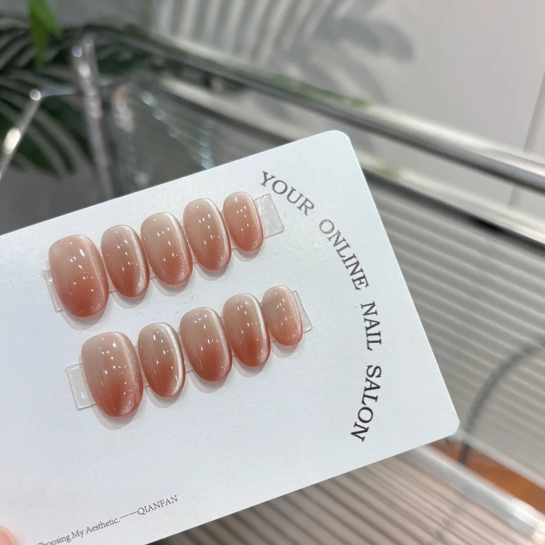 Qfdian 10Pcs Short Oval Pure Handmade Gradient Brown Press On Nails Cat Eyes Wearable False Nails Full Cover Nail Tips Art for Lady