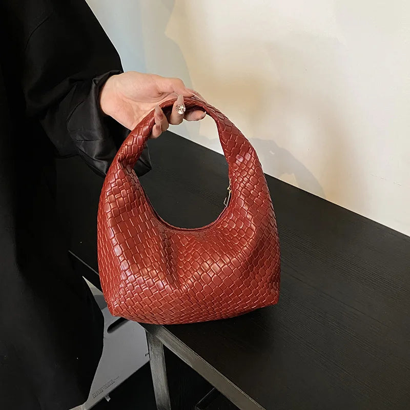 Qfdian Women Underarm Bag Classic Fashion Woven Embossed Hobo Soft PU Leather Small Top-handle Shoulder Bag Casual Daily Handbags