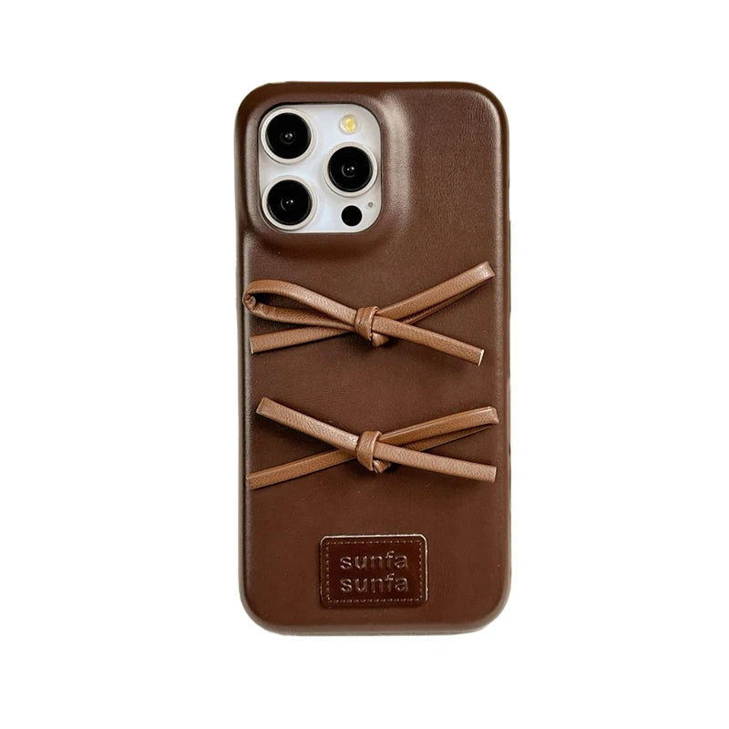Qfdian Retro Fashion Lovely Bowknot Leather Case For iPhone 16 15 13 14 Pro Max Soft Matte TPU Phone Back Cover