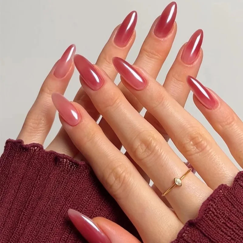 Qfdian 24Pcs Solid Nude Color Fake Nails with Jelly Glue Short Almond Press on False Nails Wearable Oval Finished Full Cover Nail Tips