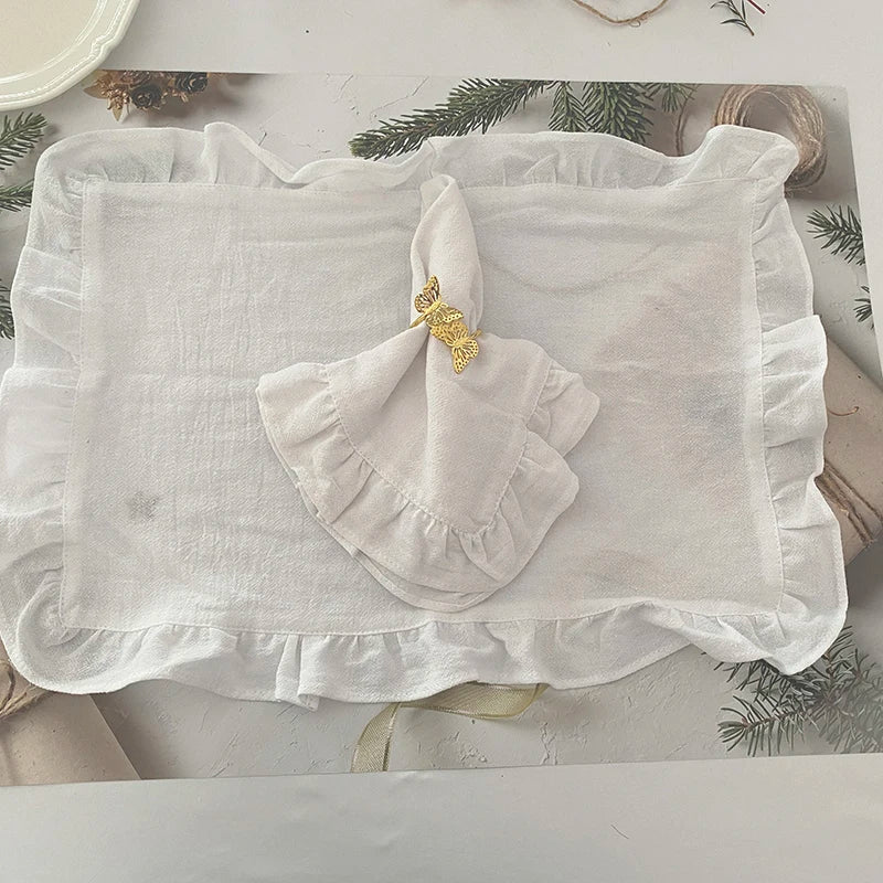 Qfdian 4Pcs White 45x45cm Ruffles Napkins for Birthday Wedding Party Baby Shower Tea Restaurant Christmas Table Placemats Dinning Decor