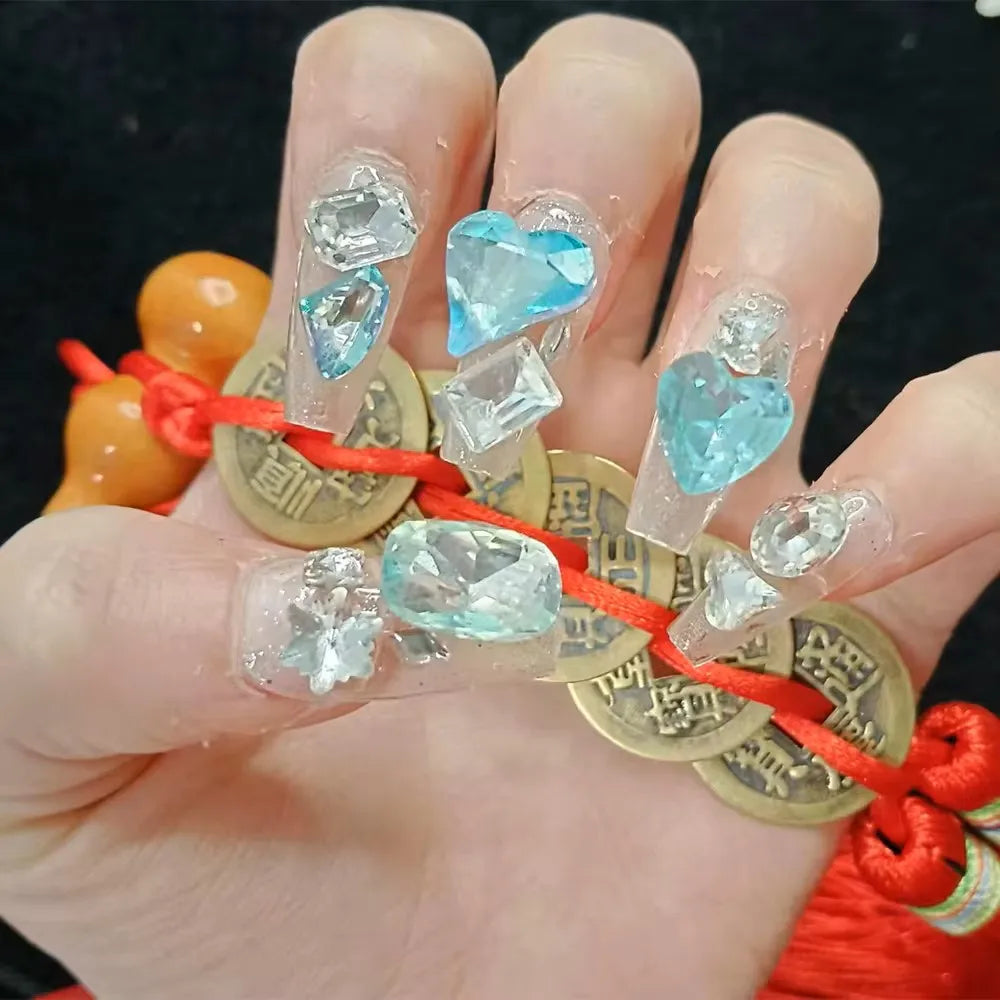 Qfdian 10pcs High Quality Handmade Press on Nails BLingBLing Blue Eyes Diamond of Duck Egg Korean Nail Art Accessories