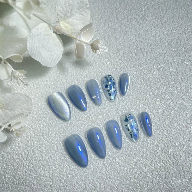 Qfdian 10Pcs Silk Cat Eye Handmade Press on Nails New-type Almond Fake Nails Ice-cold Manicure Artistic Full Cover Finger Tips Reusable