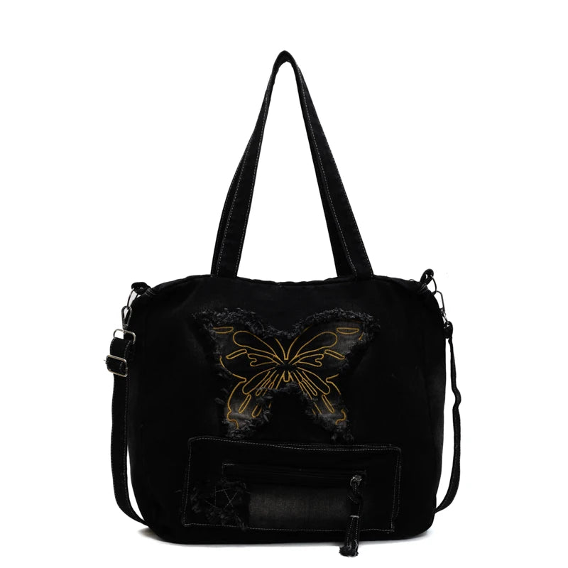 Qfdian Large Capacity Canvas Shoulder Bags Butterfly Denim Casual Totes New In 2025 Leisure Or Travel Bags Lady Sweet Packages Women