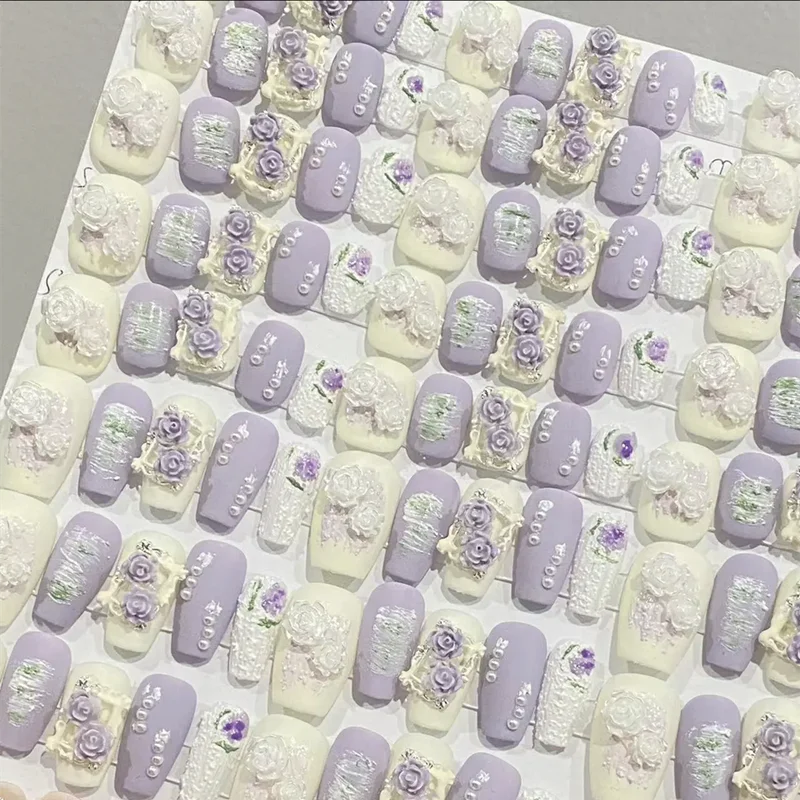 Qfdian Oil Painting Handmade Press on Nails Gypsum Purple Flower False Nails Designed Fake Nails Girly Dreamy Coffin Fingernail Tips