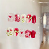 Qfdian 10PCS Shiny Handmade Press On Nails Short Cute Ballerina Full Cover Flower Design False Nails Manicure Woman Wearable Nail Tips