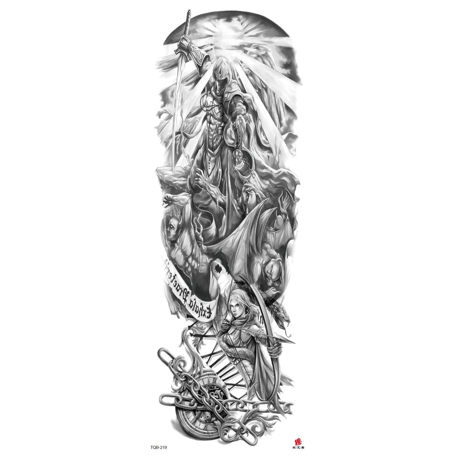 Qfdian Full Arm Tattoo Waterproof Temporary StickerCool Skull Fish Dragon Lion Clock Men Women Art Fake Sticker Glitter Style
