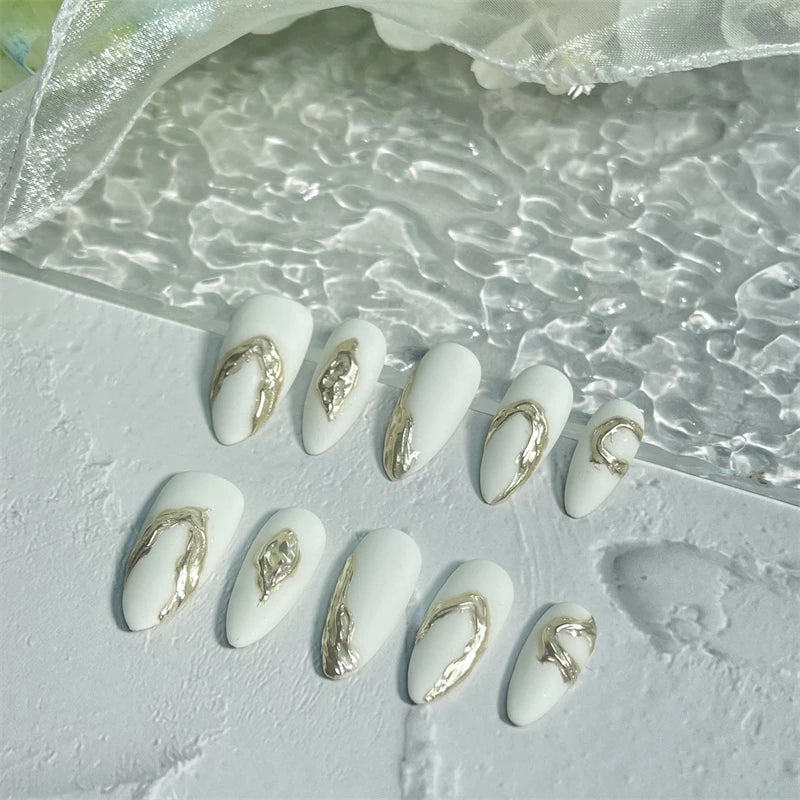 Qfdian 10pcs Almond Handmade Press on Nails White Foils Designed False Nails Manicure Artificial Short Full Cover Wearable Nail Tips