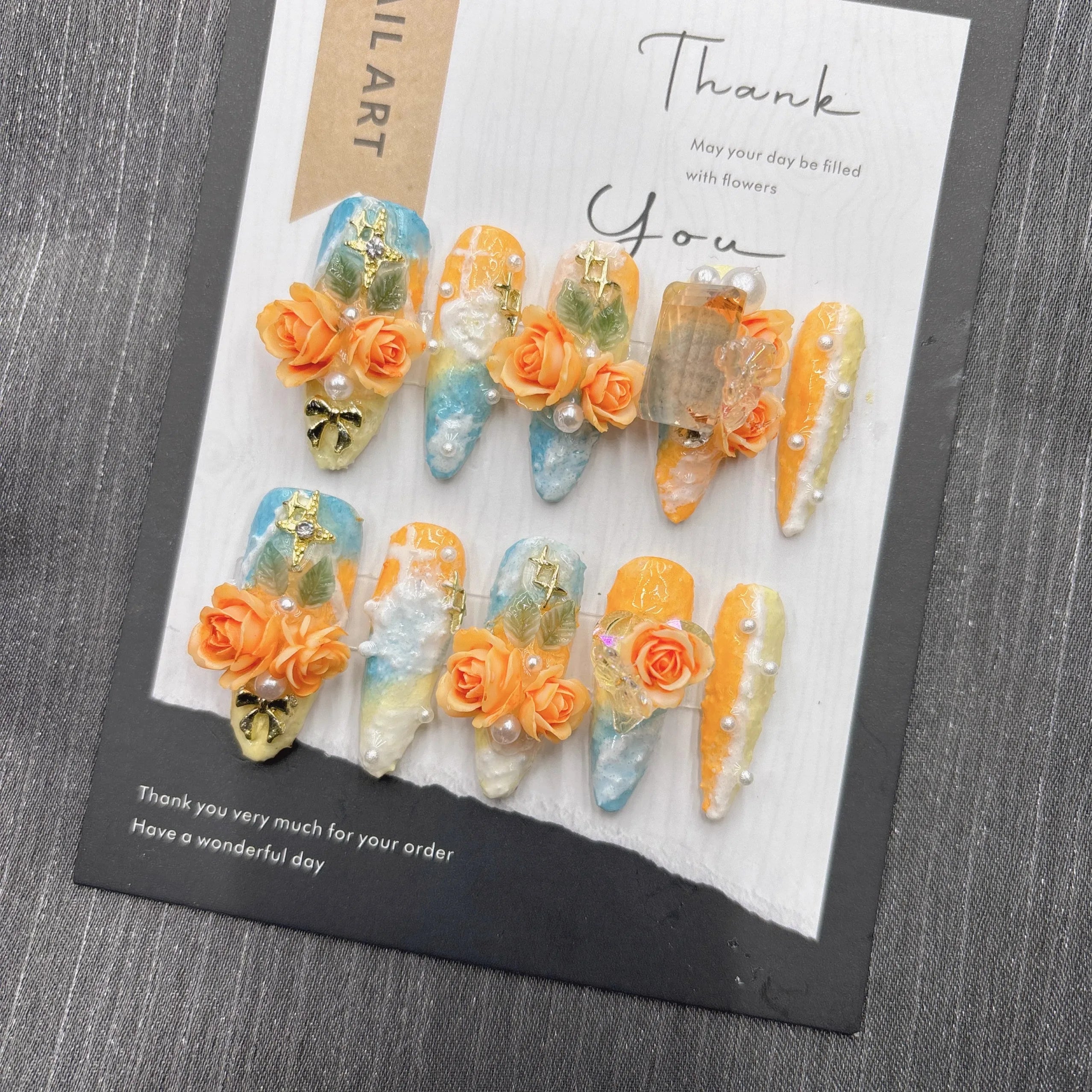 Qfdian 10Pcs High Quality Handmade Press on Nails Gradient Iridescence Gradient Watercolor Iridescence Nail Stickers Literary Style