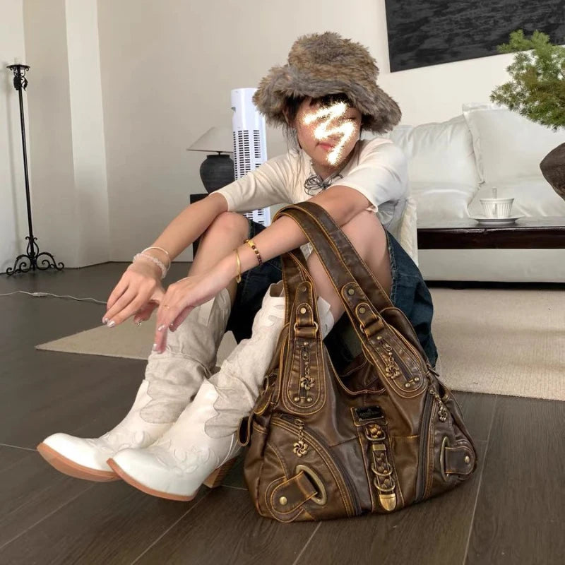 Qfdian Y2k Aesthetic Vintage Fashion Women's Handbags Casual Grunge Streetwear Shoulder Underarm Bag Female All Match Trendy Tote Bags