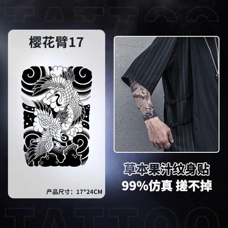 Qfdian Japanese Traditional Half Arm Herbal Juice Temporary Tattoo Stickers Sakura Leaf Lasting Art Fake Tattoo Men Women Faux Tatouage