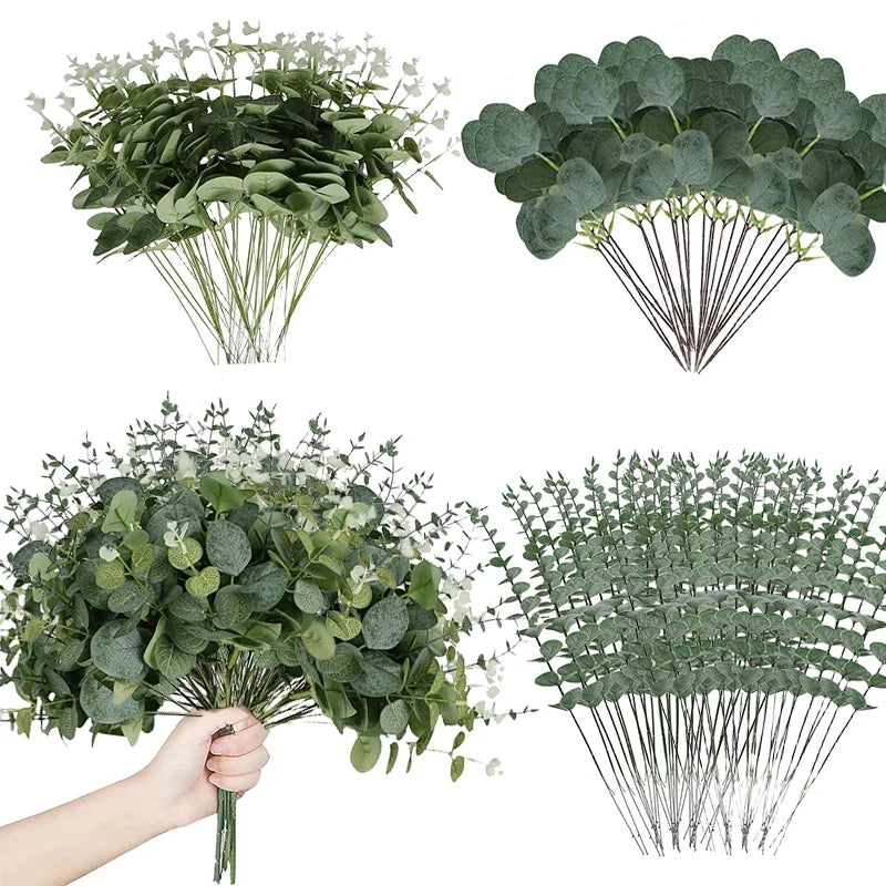 Qfdian 100 Pcs Mixed Eucalyptus Leaves Stems Bulk Artificial Silver Dollar Eucalyptus Leaves Picks Dried Eucalyptus Bundle Faux Spray