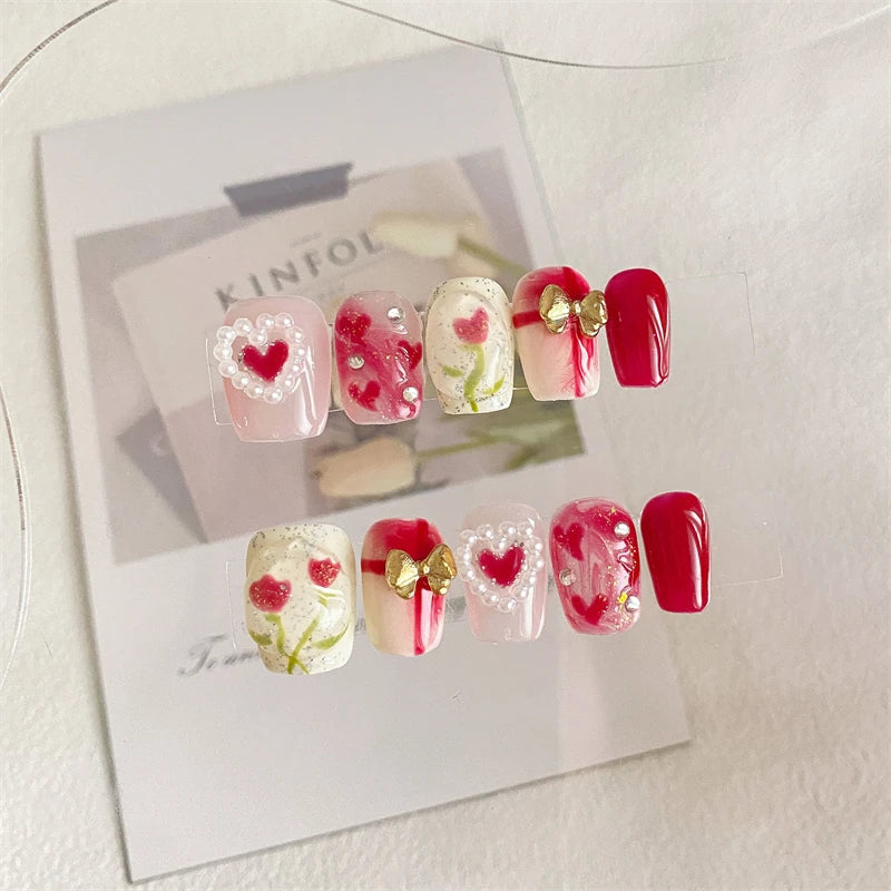 Qfdian 10PCS Shiny Handmade Press On Nails Short Cute Ballerina Full Cover Flower Design False Nails Manicure Woman Wearable Nail Tips