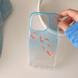 Qfdian Clear Blue Gradient Koi Fish Gloss Mobile Phone Protective Case For iPhone 12 13 14 15 Pro Max Coque For iPhone 16 Pro Max Cover