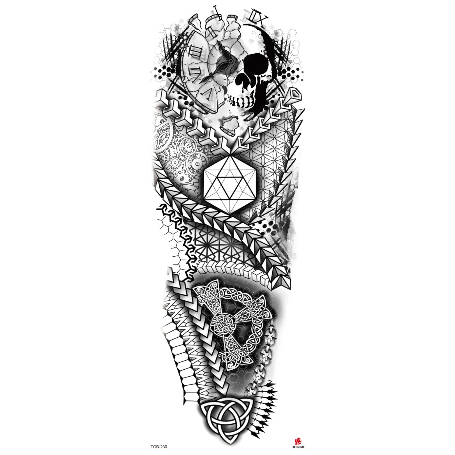 Qfdian Full Arm Tattoo Waterproof Temporary StickerCool Skull Fish Dragon Lion Clock Men Women Art Fake Sticker Glitter Style