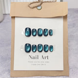 Qfdian Handmade Short Fake Nails Press on Nails Smudge Blue Cute Manicure Artificial Nail Reusable Adhesive Round Head Finger Tips Art