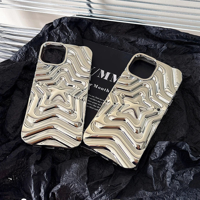 Qfdian Bling Chromed Silver Gradient Five-pointed Star TPU Phone Case For iPhone 16 Pro Max 15 13 14 Plating Silicone Back Cover