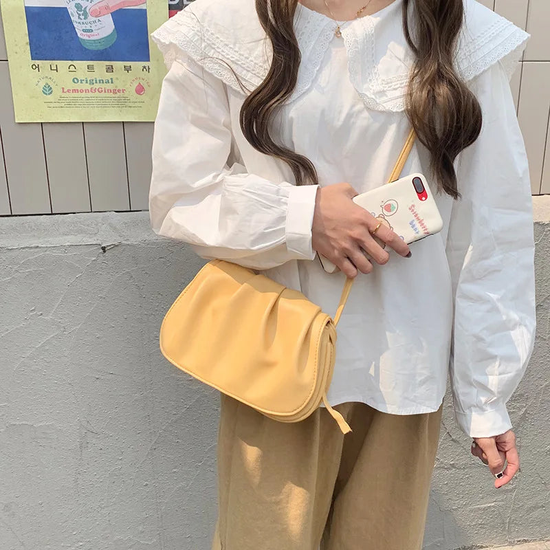 Qfdian Korean Simple Fairy Pleated Cloud Bag Women Y2k Aesthetic Chic Elegant Shoulder Bags 2025 Office Lady Fashion Handbags Crossbody