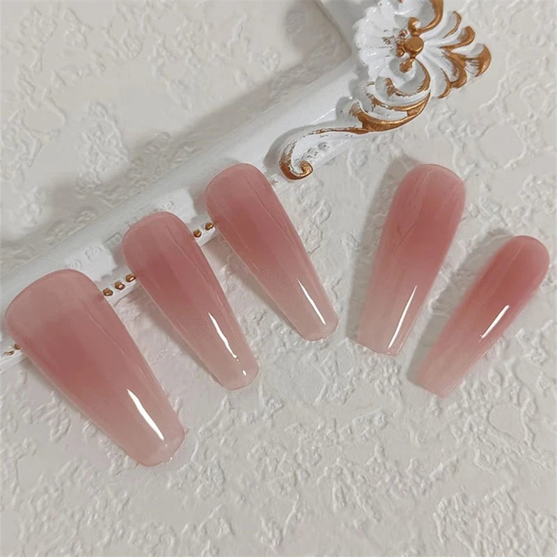 Qfdian 10pcs Handmade Press On Nails Fake Nails Honey Peach Blush Middle Short Almond Oval Coffin False Nails Gentle Nails Finger Tips