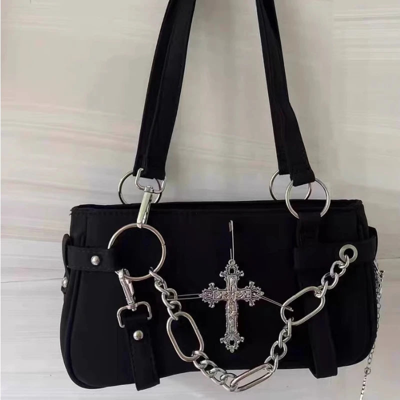 Qfdian Japanese Vintage Streetwear Punk Women Handbags Y2k Aesthetic Trendy Cross Chain Shoulder Bags Casual Fashion Chic Underarm Bag