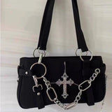Qfdian Japanese Vintage Streetwear Punk Women Handbags Y2k Aesthetic Trendy Cross Chain Shoulder Bags Casual Fashion Chic Underarm Bag