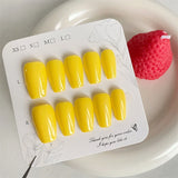 Qfdian 10Pcs Handmade Yellow Press On Nails Short Reusable Coffin Fake Nails Adhesive Full Cover False Wear Nail Cute Artificial Tips