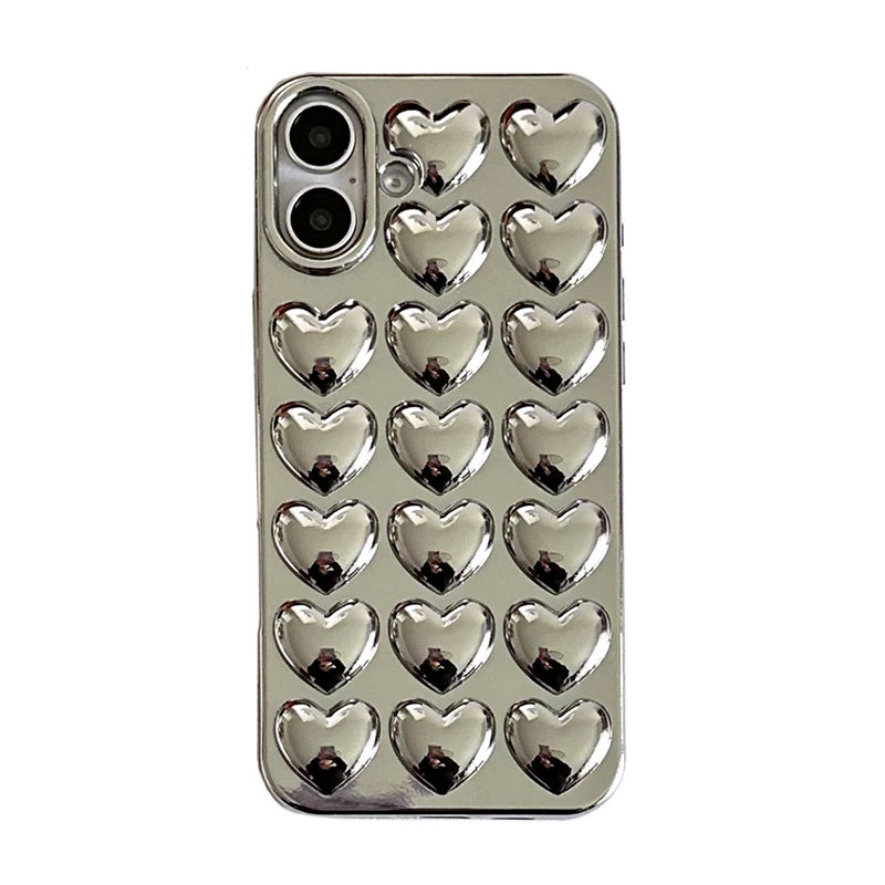 Qfdian Simple Stylish Silver Love Heart Phone Case For iPhone 11 12 13 14 15 16 Pro Max Glossy TPU Protective Back Cover