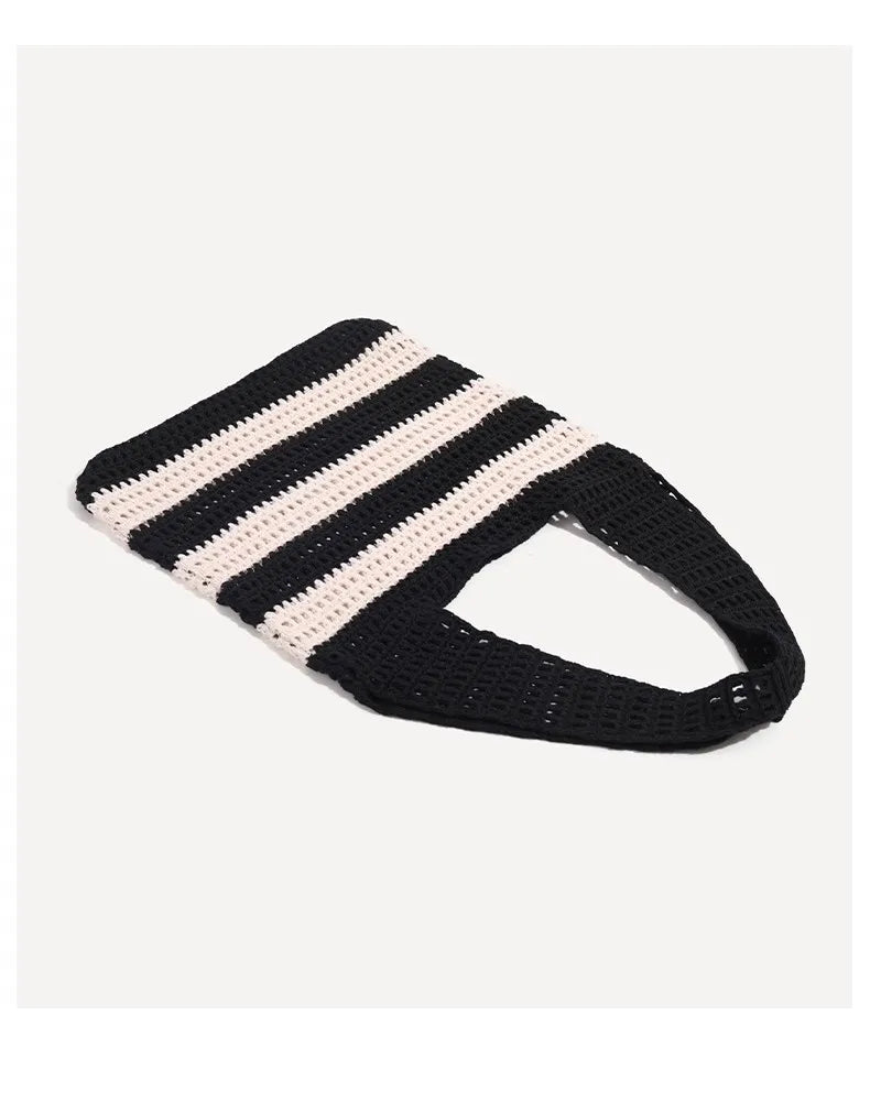 Qfdian Ladies' woven bag, niche design, striped knitted bag, simple hollow out hand-held shoulder bag, sports handbag