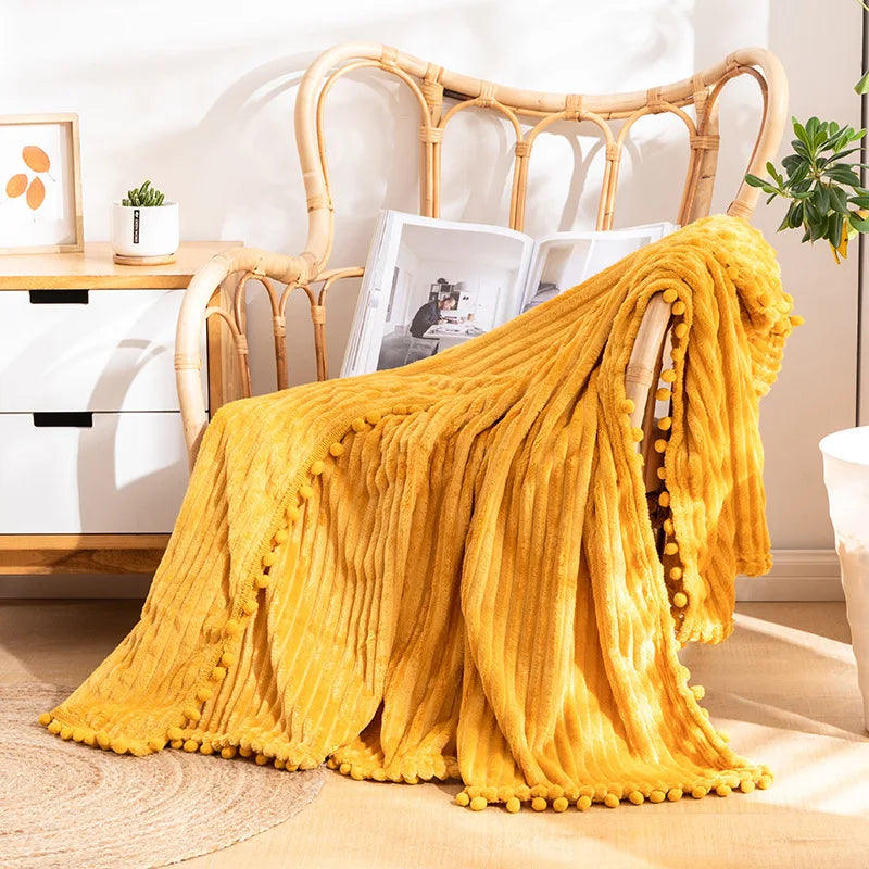 Qfdian Fleece Throw Blanket Couch with Pom Pom Fringe Soft Cozy Fuzzy Flannel Blankets for Sofa Bed Large Lightweight Plush All Seasons