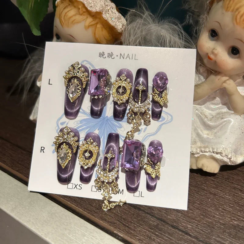Qfdian 10Pcs High Quality Handmade Press on Nails Purple High-end Heavy Industry Luxury Temperament Bursts With Pure Desire Nail Art