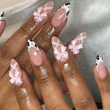 Qfdian 24Pcs Almond Press on Fake Nails Long French False Nails with Pink Bow Wearable Flower Design Oval Manicure Full Cover Nail Tips
