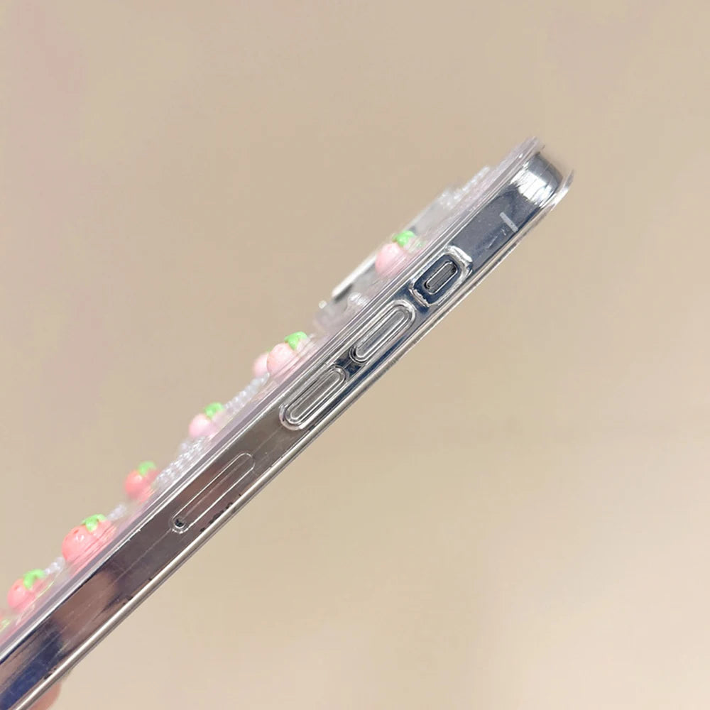 Qfdian Transparent Strawberry Pearl Bow Soft Phone Case for iPhone 16 Pro Max Fundas Cover for iPhone 11 12 13 14 15 Pro Max Back Cover