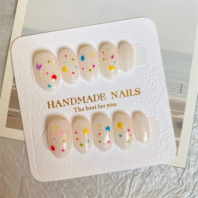 Qfdian Short Oval Press on Nails Handmade Fake Nails Full Cover Wearable False Reusable Adhesive Manicure Nails Glitter Dots Decoration