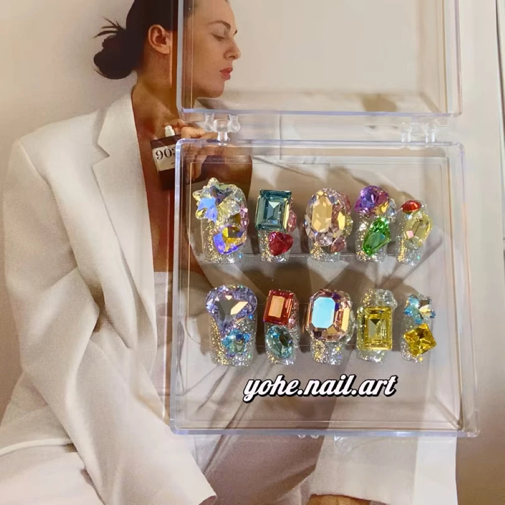 Qfdian 10Pcs High Quality Handmade Press on Nails Colorful Angel Heavy Industry Purple Sparkling Alien Diamond Nail Art Shows White