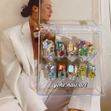 Qfdian 10Pcs High Quality Handmade Press on Nails Colorful Angel Heavy Industry Purple Sparkling Alien Diamond Nail Art Shows White